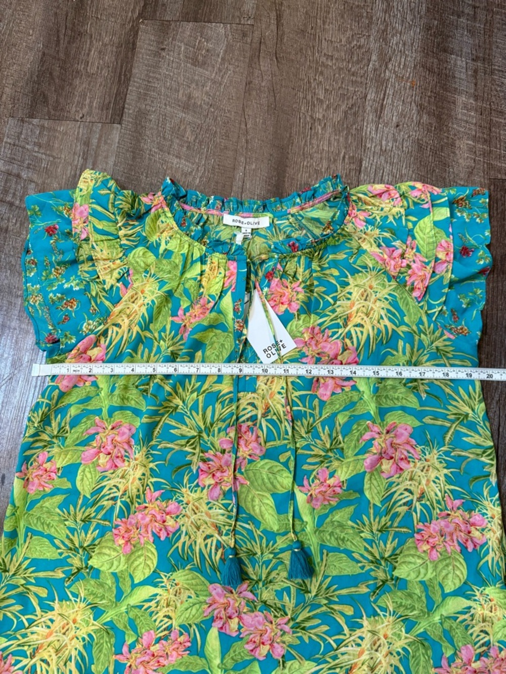 Rose & Olive Aqua Tropical Floral Tassel V-Neck Blouse - Picture 10 of 14